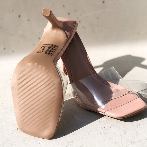 NEW Clear Blush Transparent Band Square Open Toe Slip On Heeled Mules Sandals - Picture 11 of 12